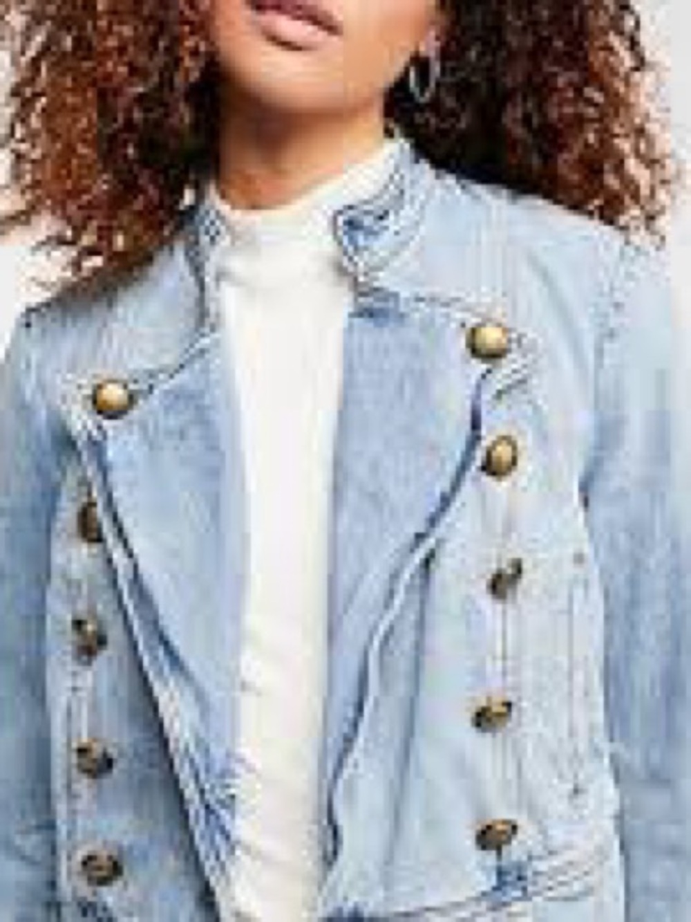 Free People Light Wash Denim Military Jacket with Brass Buttons